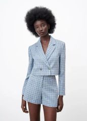 ザラ ZARA クロップド丈 チェック柄 青 ショートジャケット - メルカリ