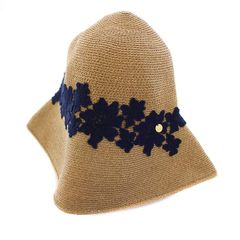 美品　アシーナニューヨーク　ハット　麦わら帽子　フラワーレース　紺 美品【アシーナニューヨーク】立体フラワー花柄 刺繍レース ハット