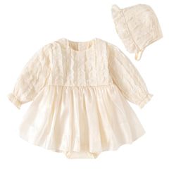Baby nest 아기 옷 소녀 원피스 레이스 드레스 모자 첨부 발표회 외출착 귀여운 롬퍼스 베이지 73 6-9개월