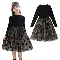 [VOKLLIYU] 女の子 子供 ワンピース 長袖/半袖 キッズ ワンピース 子供服 洋服 可愛い ドレス 秋冬 通学 通園 発表会 七五三対応 結婚式 パーティー 120-170cm(長袖/黑 150)