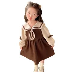 [SLINX] 子供服 女の子 ワンピース 長袖 マリン風 襟付き キッズ ドレス 春 秋 リボン 切り替え セーラー襟 森ガール コットン かわいい おしゃれ 誕生日 お姫様 お出かけ ギフト QZ13 (100, ブラウン)