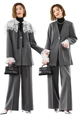 [ルイ ルエ ブティック] 3点セット ドレスアップ ジャケットコート タック ワイドパンツ レースケープ カフス セットアップ パンツスーツ レディース ミセス ママ 母 ロングジャケット 長袖 フォーマル 大きいサイズ 式 式典 セレモニー 結婚式 LL(