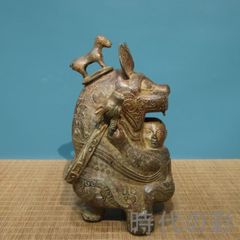 名品 【 古代中國 青銅金文跳馬紋皮嚢壷 】殷周銅器 商周 民芸 民藝 柳