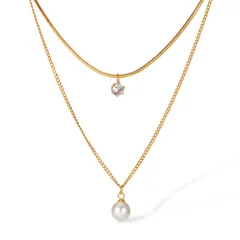 [Deelfel] ネックレス レディース ステンレス ダブルレイヤー パール チョーカー風 キュービックジルコニア付き 重ね付け風デザイン 金属アレルギー対応 デート プレゼントに最適