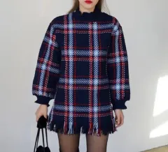 年末ルック チェック ニット ワンピース 出品