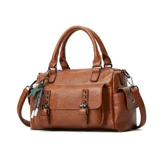 [NICOLE & DORIS] ミニボストンバッグ レディース 革 ハンドバッグ 2way ショルダー 斜めがけカバン レトロ 肩掛け 手提げかばん 軽量 底鋲付き 可愛いチャーム付き 防水レザー 自立 通勤 デート ladies bag ブラウン