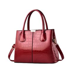 本革クロコ型押し ハンドバッグ レッド 2WAY ショルダー付き エナメル 