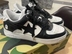 極美品】APE ベイプスタ ブラック ホワイト カモ エンボス レザー 