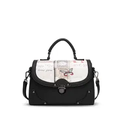 [NICOLE & DORIS] ハンドバッグ レトロ風 レディース 防水PUレザー 2way ショルダーバッグ 斜めがけカバン 小さめ 絵柄プリント 自立 底鋲付き 女性 オシャレ 人気 handbag for women 黒