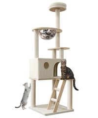 猫タワー 木製 高さ171.5cm 宇宙船型ハウス 隠れ家2つ ステップ台搭載