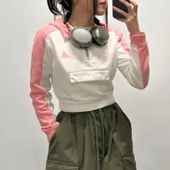 アディダス BIGロゴ クロップド フード ハーフジップ スウェット ピンク 白 S 011705