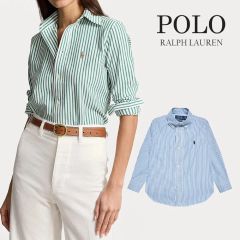 極美品】ポロラルフローレンストライプリネンシャツグリーン×白