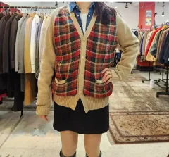 90年代 ポロラルフローレン リネン コットン ブレンド チェック バイカラー ニット カーディガン