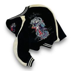 90s 日本製別珍ベルベット銀龍刺繍スカジャンメンズXL相当黒赤 BTSSUGA