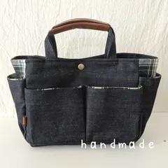 ☆handmade ポケットたくさんのトートバック☆　トートバック　本革　タータンチェック　デニム　ハンドメイドトートバック　ポケットがいっぱいのトートバック