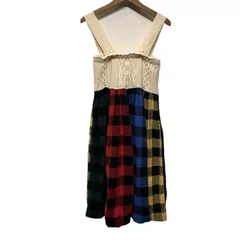 【中古】　BEAMS　ワンピース　キャミソール　ノースリーブ　レイヤード　ロング丈　ニット　切替　チェック　クレイジーパターン　調節ボタン付き　古着　/2409のサムネイル