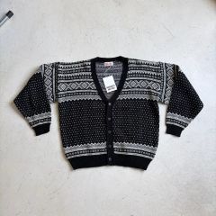 ポラール ノルディック 総柄 クルーネック カーディガン 黒 白 羊毛 