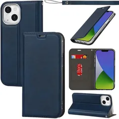 【新品】 対応 iphone14 いphone14 アイフォン14 ケース カバー スマホケース 手帳型 カードスロット、キックスタンド、ロープ本 レザー(ネイビー)