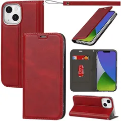 【新品】 対応 iphone14 いphone14 アイフォン14 ケース カバー スマホケース 手帳型 カードスロット、キックスタンド、ロープ本 レザー(レッド)