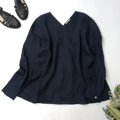 ◯ Theory luxe セオリーリュクス リネン 麻 100％ Vネック プルオーバー ブラウス ネイビー /27Hのサムネイル