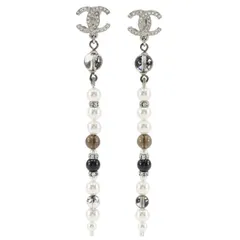 【CHANEL】シャネル ココマーク ロング 金属製×フェイクパール×ラインストーン シルバー A19K レディース 11.0g イヤリング