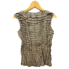 ヒロココシノ HIROKO KOSHINO トランク TRUNK シルク ティアード フリル ノースリーブ カットソー トップス シワ プリーツ カーキグレー 6