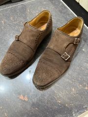 三陽山長 スエード シングルモンクストラップ 茶 レザーソール 6.5
