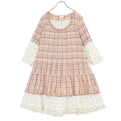 ピンクハウス★小さなステッチ刺繍が可愛い♪ チェック柄ドッキングワンピース エレガントなピコフリル ピンク系 z19569