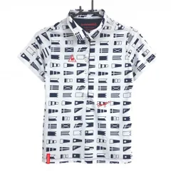【美品】ルコックゴルフ 半袖ポロシャツ 白×ネイビー フラッグ総柄 ロゴ レディース L ゴルフウェア le coq sportif