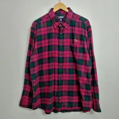 Lands' End ランズエンド フランネルシャツ 長袖 BD ボタンダウン チェック 総柄 犬 刺繍 コットン レッド グリーン XXL 大きいサイズ E79
