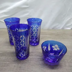 ガラス食器 切子グラス 一口ビールグラス 冷酒グラス  冷酒おちょこ ４点セット 美品 X279