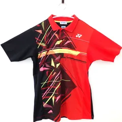 古着　YONEX ヨネックス　メンズ半袖ポロシャツ　Lサイズ　レッド系　赤色　ブラック系　黒色　カラフル　スポーツTシャツ　トレーニングポロシャツのサムネイル