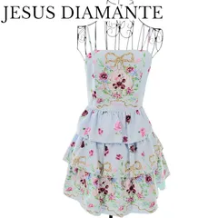 【美品】JESUS DIAMANTE ジーザスディアマンテ ドールミニワンピース ドレス ミニ丈 サイズ38 M ブルー 刺繍レース ローズ柄 総柄  バックリボン フレア ぼかし薔薇柄 ローズ レディース パーティのサムネイル