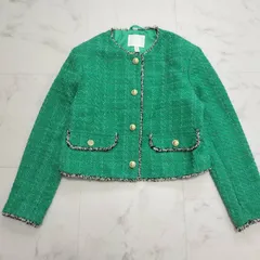 H&M　エイチアンドエム　ノーカラーツイードジャケット　緑　グリーン　金釦　S～M