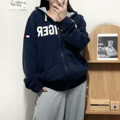 正規品 Tommy Hilfiger トミーヒルフィガー ネイビ BIGロゴ 起毛 WHOジップ L