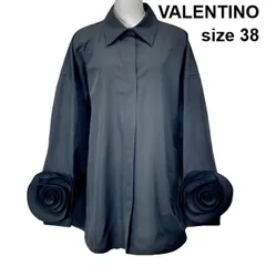 ◇ ヴァレンティノ VALENTINO 立体ローズ シャツジャケット 長袖 ポケット裏地100%シルク 光沢感 黒 綿 シルク 38 M 9号 レディース S6E068のサムネイル