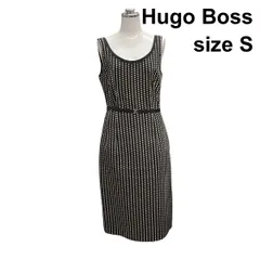 □ ヒューゴボス Hugo Boss ノースリーブワンピース 深ボートネック 背面Vネック 膝丈 ベルト付き 黒白 綿 絹 XS～S 7号 レディース Z6C478のサムネイル