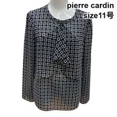 ◇ ピエールカルダン pierre cardin ブラウス 長袖 丸首 ラッフルタイ 総柄 プリント シャツ トップス 黒 白 40 L 11号 レディース Z6B563