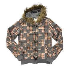 STUSSY ガールズ CHECK パデッド ファー ジャケット グレー/オレンジのサムネイル