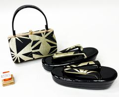 和装 草履バッグセット 帯地 モダン 黒×金 3枚芯 フリーサイズ k16-3 NISHIORI モノトーン 草履バッグセット 7cmヒール 3枚芯 草履 選べる