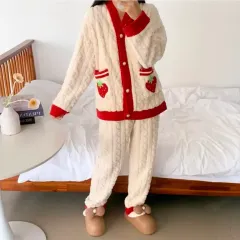 いちご刺繍 睡眠 パジャマ セット 柔らかい マイクロファイバー