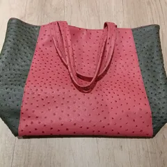 ​☆【美品】オーストリッチ型押し トートバッグ トリコロール 赤×深緑×グレー A4可