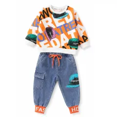 [Kai La Nalu] 子供服 セットアップ 長袖 スウェット デニム風 パンツ 2点セット ストリート カジュアル ダンス セットアップ 子供服 男の子 長袖 トレーナー ロングパンツ 上下セット ダンス 衣装 ストリート カジュ [オレンジ] [90]