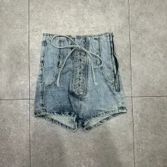 ライトブルー デニム ハイウエスト ショートパンツ