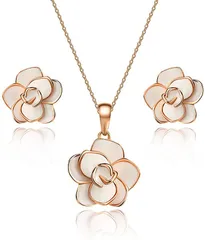 CHLOEOS バラ ピアス ネックレス セット 人気 蔷薇 ローズ 花 スタッドピアス レディース シンプル 大人可愛 女性 k18金 結婚式 誕生日 記念日 (ホワイト)
