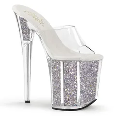 PLEASER【即納】プリーザー・フラミンゴグリッター厚底クリアミュール/品番:FLAMINGO-801G/FLAM801G/20cmヒール/ドレス/ダンス/靴/ハイヒール/レディース/アンクルストラップサンダル/アッパークリア（透明）/靴/シルバー/銀のサムネイル