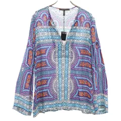 美品 BCBGMAXAZRIA ビーシービージーマックスアズリア 総柄 長袖 スキッパーカラー ブラウス S 水色 プルオーバー ロールアップ袖 レディース 古着のサムネイル