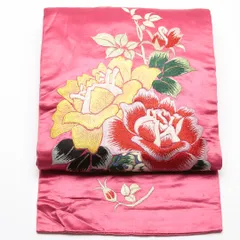 特価！アンティーク 九寸名古屋帯 帯丈324cm 正絹 ポイント柄 名古屋仕立て 織り 刺繍 牡丹 ピンク系 M4 1245-01870