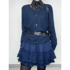 日本 ヴィンテージ ネイビー Uネック ニット