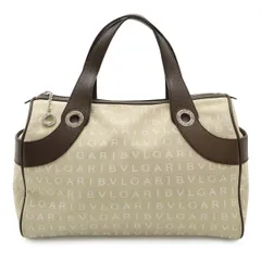 BVLGARI ブルガリ ロゴマニア トートバッグ ハンドバッグ キャンバス レザー ベージュ ブラウン 茶 シルバー金具